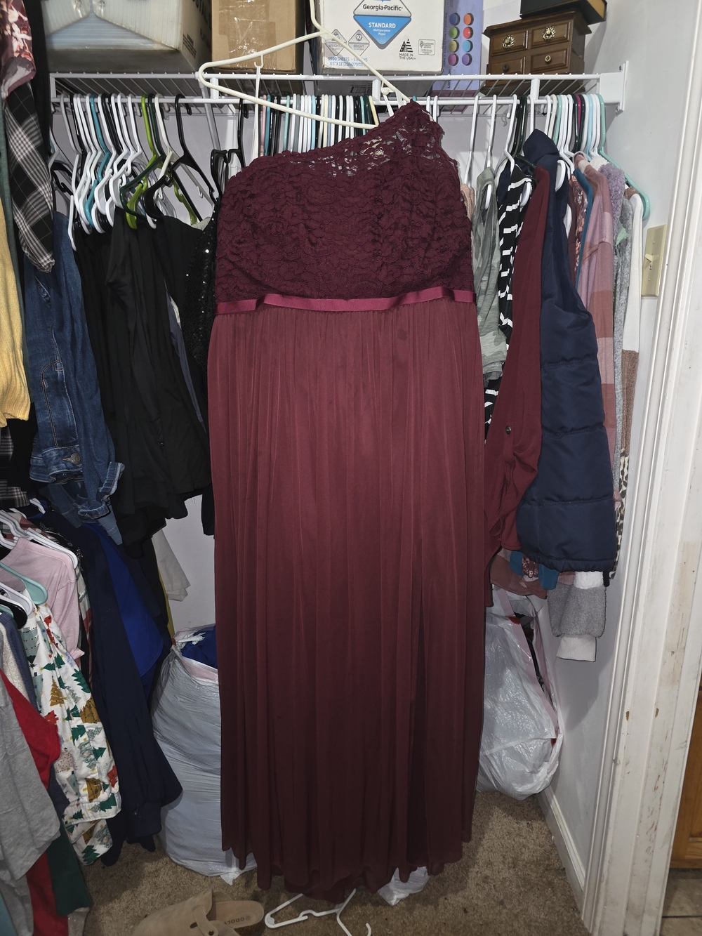 One-Shoulder Burgundy Lace & Chiffon Evening Gown